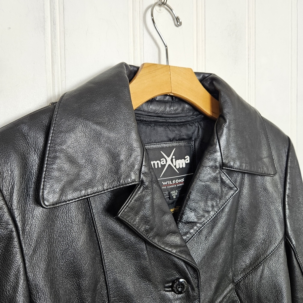 Vintage Wilson Maxima Black Leather Belted Trench Coat Jacket Size S Cinch Waist - Picture 3 of 12